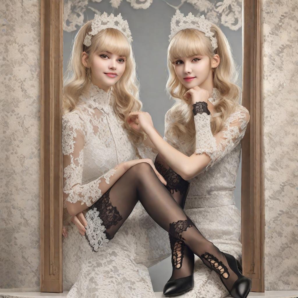  masterpiece, best quality,Best quality,masterpiece,super high resolution,(photo realism: 1.4),(An 18 :1.5),(lace:1.6),smile,Supermodel,pointed toe high-heeled,Solid background,(:1.4),Blond Hair,Standing,lace-,Lace edge,lace-up,frilly,lace,pointed toe high-heeled,(lace stockings:1.5) female,,twins,athletes,,