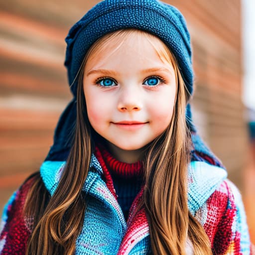 portrait+ style eight year girl in a Cozy village walking on a street