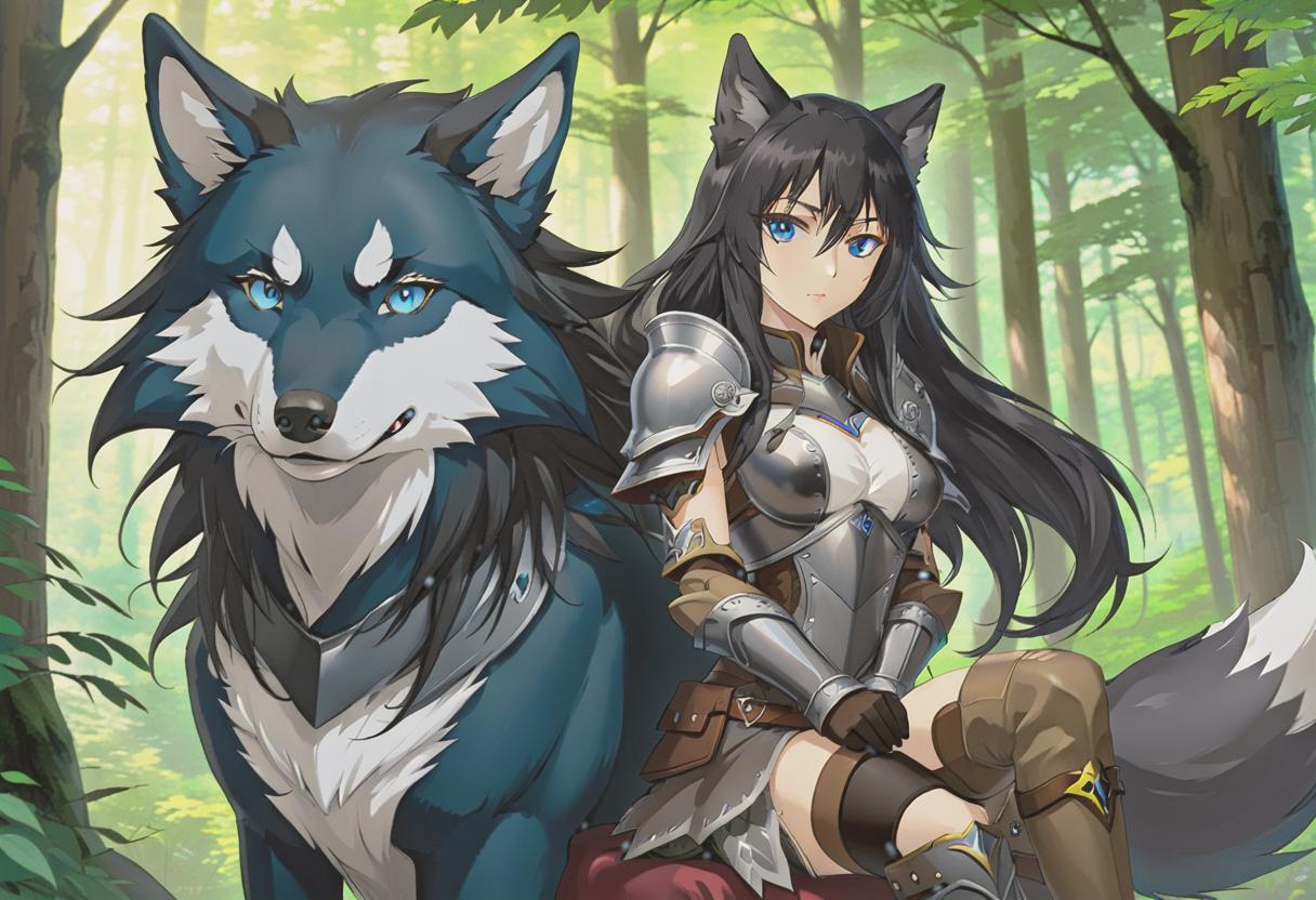  anime artwork A she wolf with long black hair, she has blue eyes and s of the second size, as well as wolf ears and tail. She is wearing a leather armor that tightly covers her body and emphasizes the beauty of the she wolf . She is standing alone, and behind her is a forest. She is sitting, looking into the distance. She is ve, kind, beautiful, and good natured in her soul, but tries to hide it. She has beautiful legs. . anime style, key visual, vint, studio anime, highly detailed hyperrealistic, full body, detailed clothing, highly detailed, cinematic lighting, stunningly beautiful, intricate, sharp focus, f/1. 8, 85mm, (centered image composition), (professionally color graded), ((bright soft diffused light)), volumetric fog, trending on instagram, trending on tumblr, HDR 4K, 8K