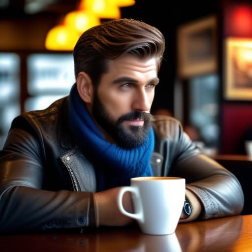  man in coffee shop  hyperrealistic, full body, detailed clothing, highly detailed, cinematic lighting, stunningly beautiful, intricate, sharp focus, f/1. 8, 85mm, (centered image composition), (professionally color graded), ((bright soft diffused light)), volumetric fog, trending on instagram, trending on tumblr, HDR 4K, 8K