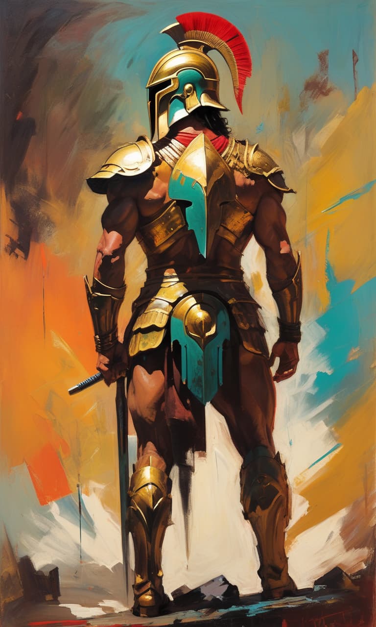  abstract expressionist crayon painting, by dean cornwell, Benedick Bana, ancient man wearing a spartan helmet, profile view. energetic brushwork, bold colors, abstract forms, expressive, emotional hyperrealistic, full body, detailed clothing, highly detailed, cinematic lighting, stunningly beautiful, intricate, sharp focus, f/1. 8, 85mm, (centered image composition), (professionally color graded), ((bright soft diffused light)), volumetric fog, trending on instagram, trending on tumblr, HDR 4K, 8K