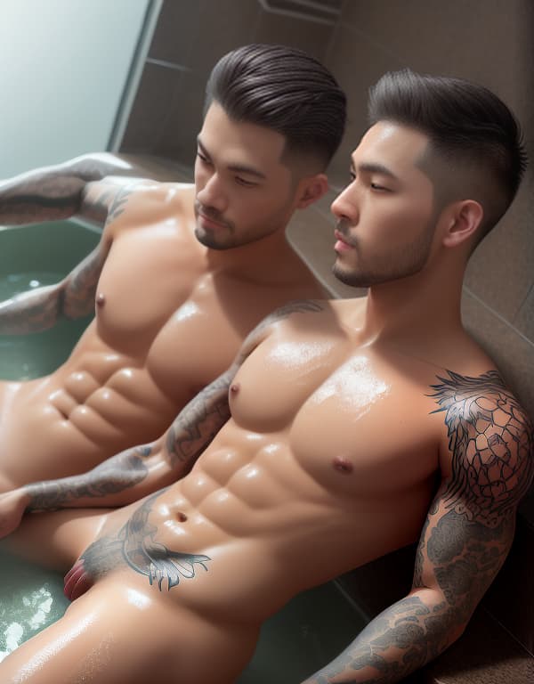  tattooed  brothers are taking a bath in the bathhouse，gay，Asian，Asiatic，Asian，Asian， portrait, happy colors, bright eyes, clear eyes, warm smile, smooth soft skin，symmetrical, anime wide eyes，big bulge， huge pectorales, naked whole body hyperrealistic, full body, detailed clothing, highly detailed, cinematic lighting, stunningly beautiful, intricate, sharp focus, f/1. 8, 85mm, (centered image composition), (professionally color graded), ((bright soft diffused light)), volumetric fog, trending on instagram, trending on tumblr, HDR 4K, 8K