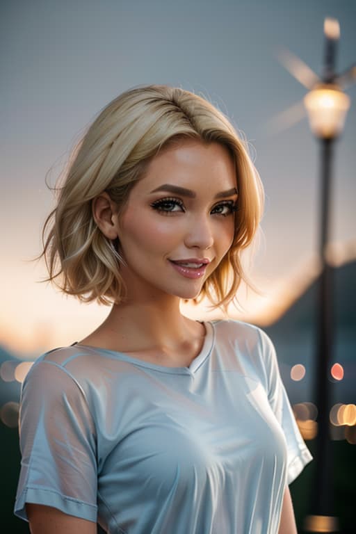  1girl,1girl,blonde short hair,straight hair,upper body shot,shirt,smile hyperrealistic, full body, detailed clothing, highly detailed, cinematic lighting, stunningly beautiful, intricate, sharp focus, f/1. 8, 85mm, (centered image composition), (professionally color graded), ((bright soft diffused light)), volumetric fog, trending on instagram, trending on tumblr, HDR 4K, 8K