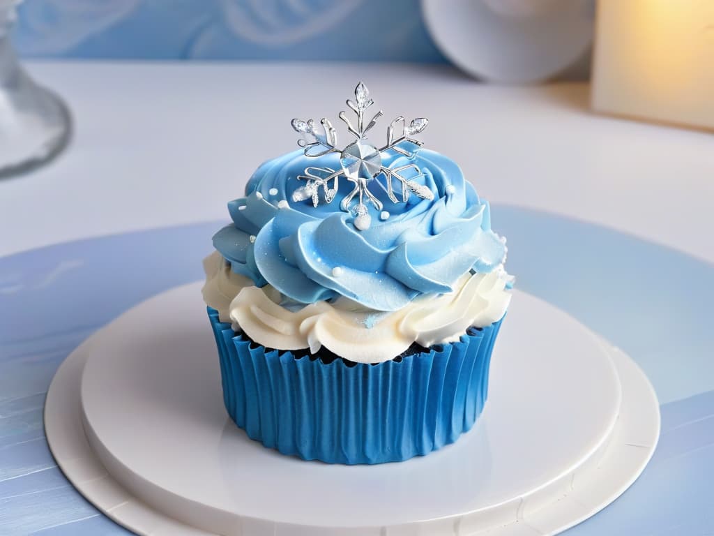  An ultradetailed image of a single cupcake decorated to resemble Elsa from Disney's Frozen, featuring intricate blue and white icing to represent her dress, shimmering snowflake sprinkles, and a small edible tiara on top. The cupcake is placed on a sleek, modern white plate against a soft pastel blue background, creating a minimalist yet elegant aesthetic perfect for a themed Frozen party. hyperrealistic, full body, detailed clothing, highly detailed, cinematic lighting, stunningly beautiful, intricate, sharp focus, f/1. 8, 85mm, (centered image composition), (professionally color graded), ((bright soft diffused light)), volumetric fog, trending on instagram, trending on tumblr, HDR 4K, 8K