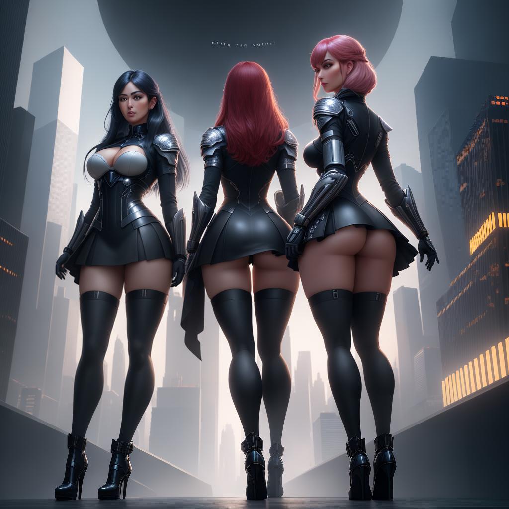  ((masterpiece)),(((best quality))), 8k, high detailed, ultra-detailed. Three girls seen from the back and three girls seen from the front, all wearing slightly shorter skirts, outfits with wide necklines, and high boots, in a realistic style. They are standing in a futuristic city with flying cars and holographic advertisements. The cityscape is filled with tall skyscrapers and bright lights, giving a sense of a bustling metropolis. hyperrealistic, full body, detailed clothing, highly detailed, cinematic lighting, stunningly beautiful, intricate, sharp focus, f/1. 8, 85mm, (centered image composition), (professionally color graded), ((bright soft diffused light)), volumetric fog, trending on instagram, trending on tumblr, HDR 4K, 8K