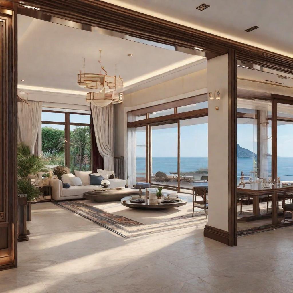  masterpiece, best quality,200 sqm Chinese villa, 3d view, facing the sea, 8k, aspect ratio 16:9