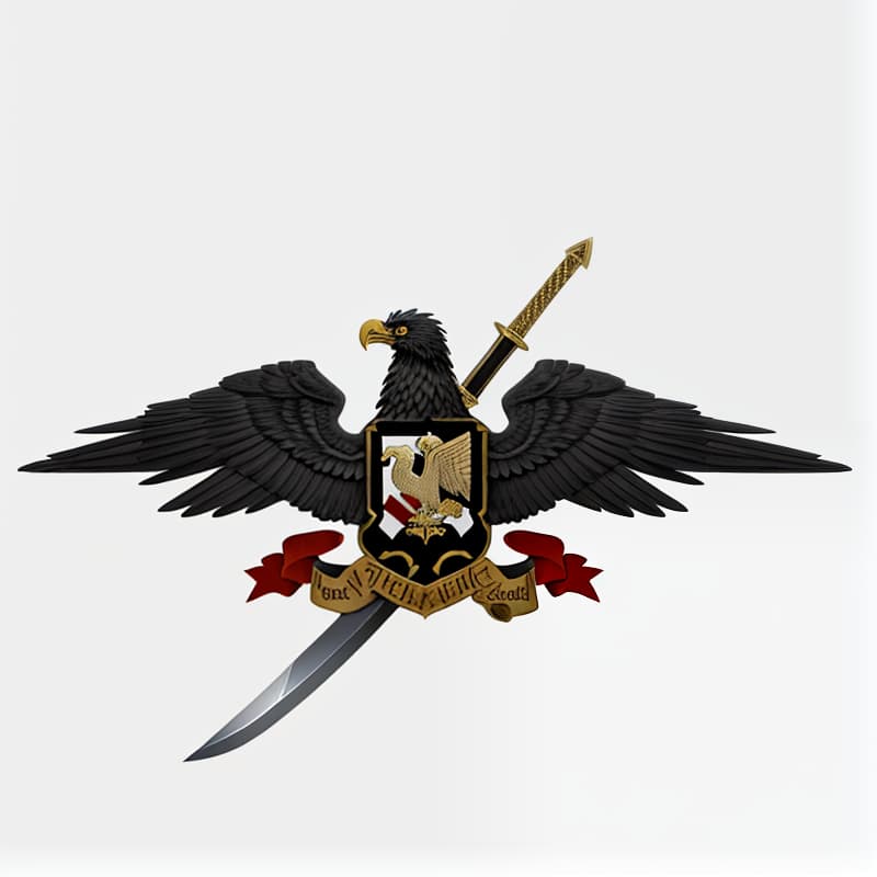  A double headed eagle with a hammer and a sickle in its claws, a shield in front and a sword behind, emblem style