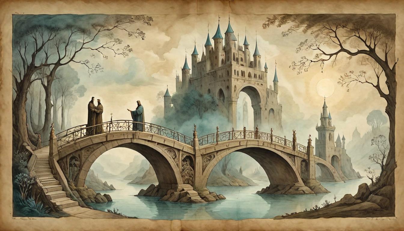  on parchment, surrealism+++, Two figures, each on opposing sides of an intricate bridge, one wrapped in ethereal light and the other in earthy tones, bridge melding mystical and practical elements, calm, balanced, unity(mysterious, provocative, symbolic,muted color)+++