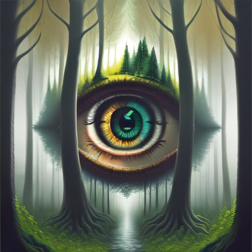 in OliDisco style double exposure painting of an eye and forest