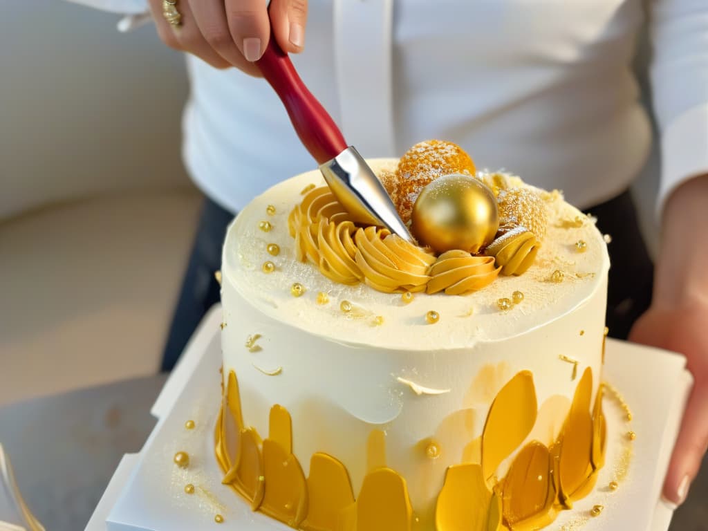  A closeup, ultradetailed image of a delicate hand holding a paintbrush dipped in vibrant edible gold paint, meticulously adding intricate golden details to a beautifully decorated cake. The focus is on the precision and artistry of the process, with the shimmering gold paint glistening under a soft, natural light, showcasing the elegance and sophistication of using edible paint in pastry decoration. hyperrealistic, full body, detailed clothing, highly detailed, cinematic lighting, stunningly beautiful, intricate, sharp focus, f/1. 8, 85mm, (centered image composition), (professionally color graded), ((bright soft diffused light)), volumetric fog, trending on instagram, trending on tumblr, HDR 4K, 8K