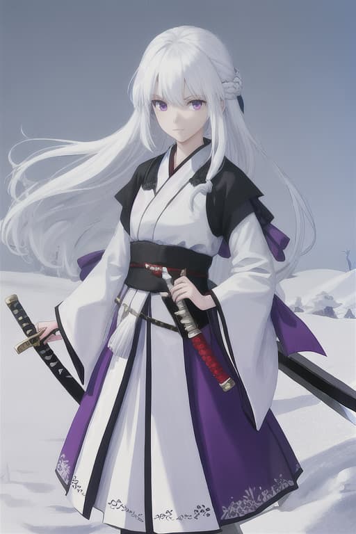  White hair, Japanese style, snow, sword, big, long hair, girls, small, purple eyes