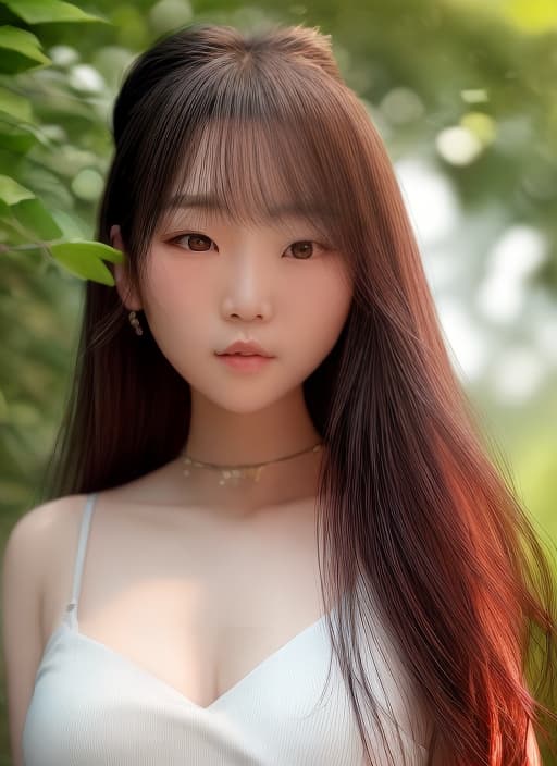  A petite pale skinned Asian woman with a small face with a long head shape and subtle curves on her body with a bcup with narrow round hips and a plump round bottom with long dark brown hair with subtle waves and wide green eyes wearing a cute casual summer friendly outfit, radiant, beautiful, hyperdetailed, elaborate, meticulous, photorealistic