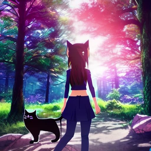  an anime girl with cat ears cat tail cat eyes walking into a realistic world