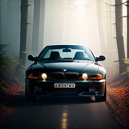  A black BMW E39 is rusting in a forest on a forest road. All the punctuation and capitalization from the original has been maintained in the translation. hyperrealistic, full body, detailed clothing, highly detailed, cinematic lighting, stunningly beautiful, intricate, sharp focus, f/1. 8, 85mm, (centered image composition), (professionally color graded), ((bright soft diffused light)), volumetric fog, trending on instagram, trending on tumblr, HDR 4K, 8K