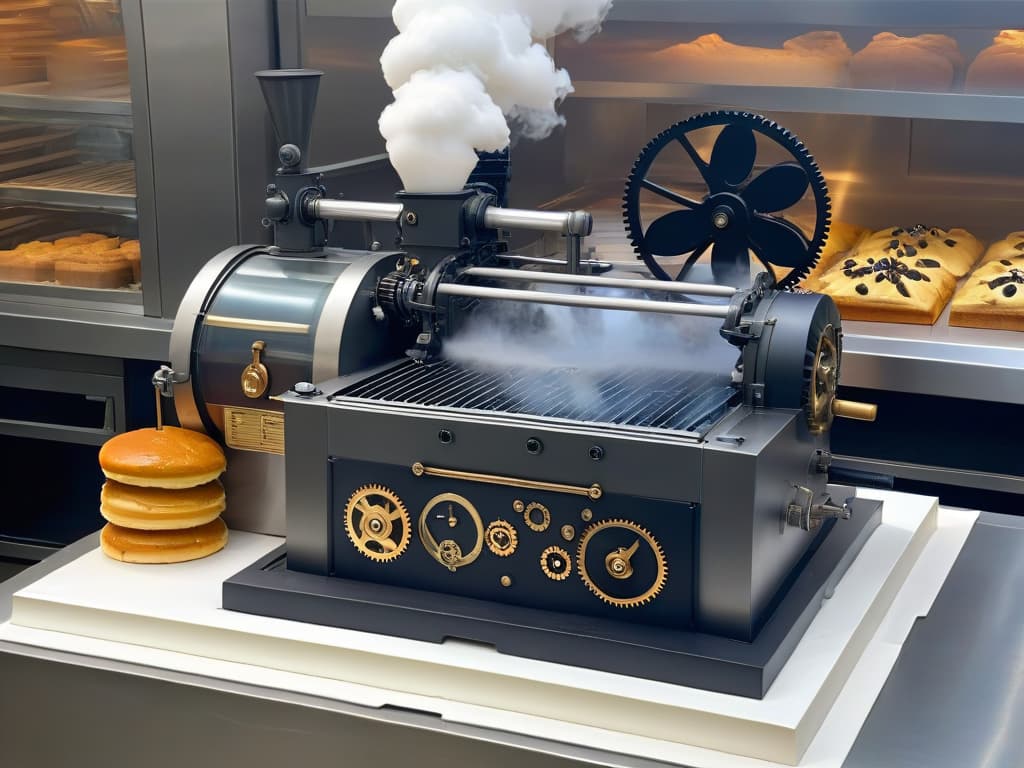  A minimalistic yet detailed image of a vintage industrial steampowered machine in a bakery setting, surrounded by intricate gears and mechanisms transforming raw ingredients into beautifully decorated pastries. The image showcases the fusion of traditional baking techniques with innovative technology during the industrial revolution, symbolizing the sweet impact of technological advancements on the art of pastry making. hyperrealistic, full body, detailed clothing, highly detailed, cinematic lighting, stunningly beautiful, intricate, sharp focus, f/1. 8, 85mm, (centered image composition), (professionally color graded), ((bright soft diffused light)), volumetric fog, trending on instagram, trending on tumblr, HDR 4K, 8K