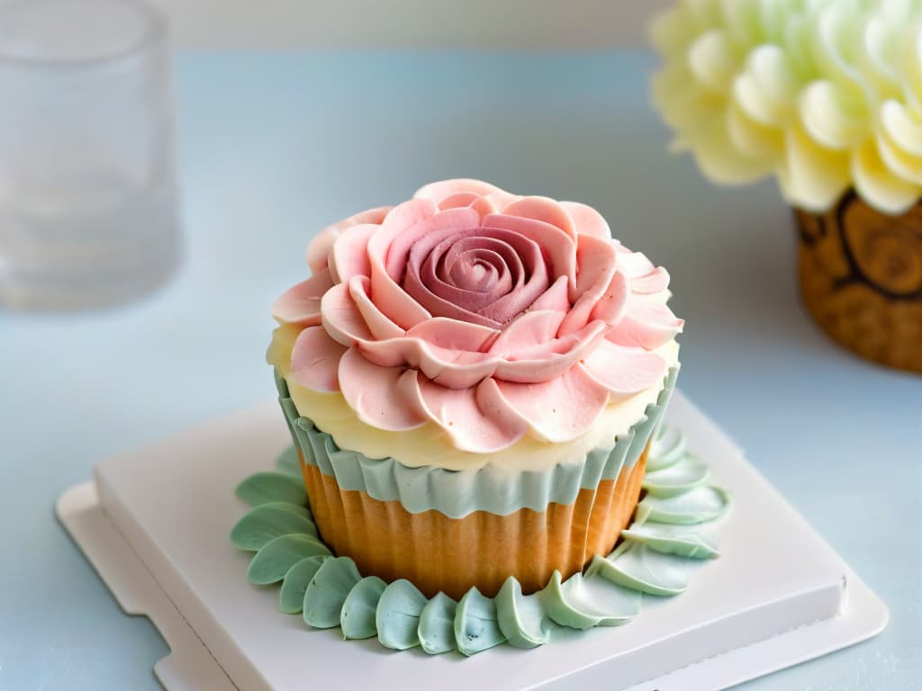  A closeup, ultradetailed image of a delicate, perfectly piped buttercream flower atop a pastelcolored cupcake. The frosting is intricately swirled, showcasing various shades of pink and white, with each petal and leaf meticulously crafted. The cupcake sits on a sleek, white ceramic plate, against a soft, blurred background that accentuates the intricate details of the frosting design. hyperrealistic, full body, detailed clothing, highly detailed, cinematic lighting, stunningly beautiful, intricate, sharp focus, f/1. 8, 85mm, (centered image composition), (professionally color graded), ((bright soft diffused light)), volumetric fog, trending on instagram, trending on tumblr, HDR 4K, 8K