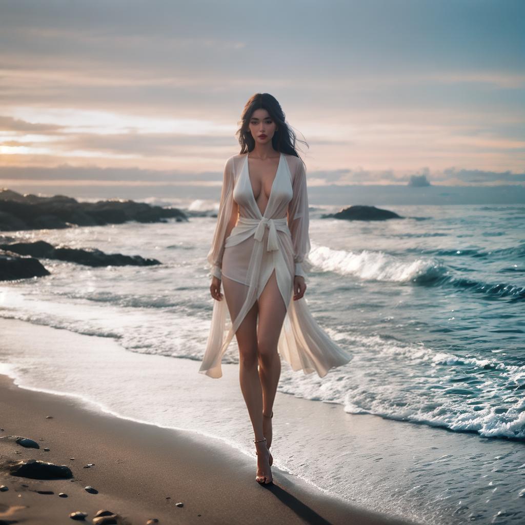  Girl on the beach hyperrealistic, full body, detailed clothing, highly detailed, cinematic lighting, stunningly beautiful, intricate, sharp focus, f/1. 8, 85mm, (centered image composition), (professionally color graded), ((bright soft diffused light)), volumetric fog, trending on instagram, trending on tumblr, HDR 4K, 8K