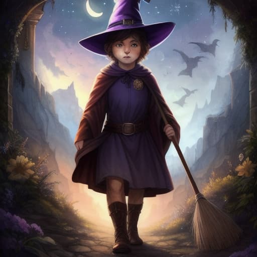  watercolor, storybook, child-book, witch, Young boy flying on a red broom over a small village, wearing a purple magic hat, surrounded by yellow stars under a crescent moon., best quality, very detailed, high resolution, sharp, sharp image hyperrealistic, full body, detailed clothing, highly detailed, cinematic lighting, stunningly beautiful, intricate, sharp focus, f/1. 8, 85mm, (centered image composition), (professionally color graded), ((bright soft diffused light)), volumetric fog, trending on instagram, trending on tumblr, HDR 4K, 8K