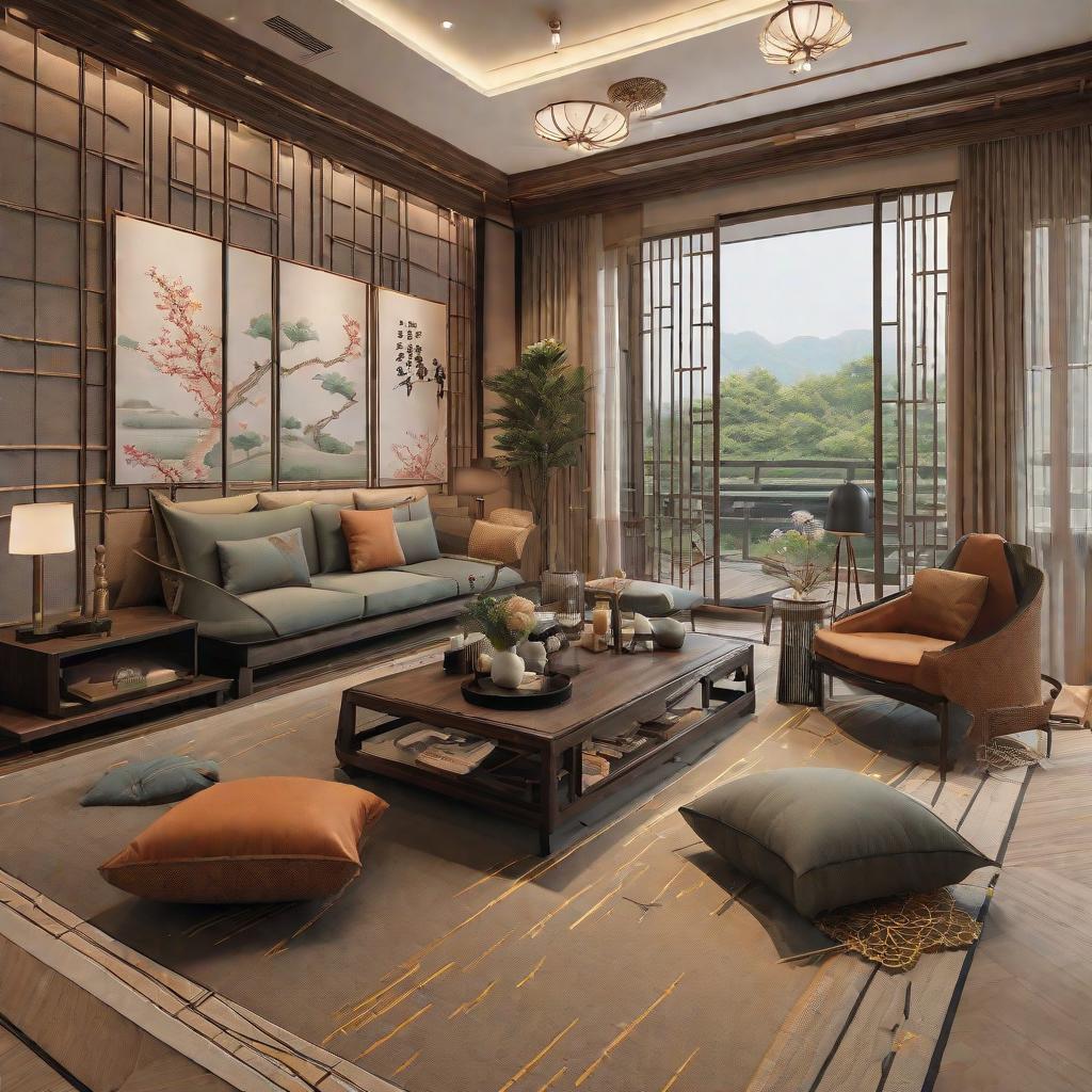  masterpiece, best quality,Japanese style living room with detailed interior decoration drawings,