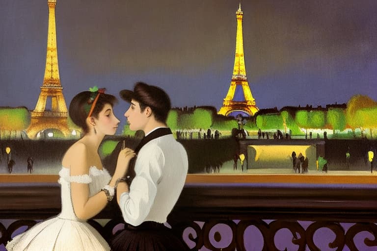  attractive young Parisian couple dressed in modern designer outfits who are romantically together in Paris. Foreground a small plate of fine dark chocolate pieces of candy on a bedside table. Background night with a lite Eiffel Tour Monument. Painting style of Edgar Degas