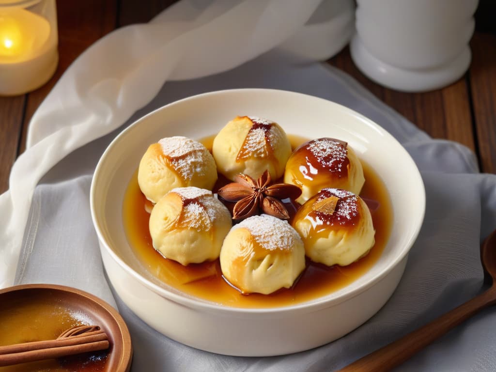  A closeup, ultradetailed image of homemade Golden Syrup Dumplings glistening with golden syrup, served in a pristine white bowl on a wooden table. The dumplings are perfectly round and coated in a glossy syrup, with a sprinkle of cinnamon dusting the top. The light catches the syrup, creating a mesmerizing play of reflections and shadows that highlight the texture of the dumplings. The minimalistic presentation emphasizes the simplicity and elegance of this classic Australian dessert, inviting the viewer to savor its comforting warmth and sweetness. hyperrealistic, full body, detailed clothing, highly detailed, cinematic lighting, stunningly beautiful, intricate, sharp focus, f/1. 8, 85mm, (centered image composition), (professionally color graded), ((bright soft diffused light)), volumetric fog, trending on instagram, trending on tumblr, HDR 4K, 8K