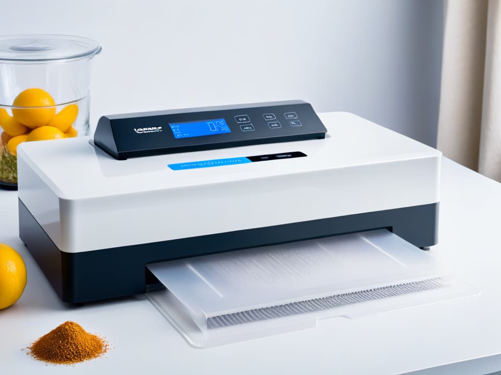  An ultradetailed, highresolution image of a sleek, modern vacuum sealer machine specifically designed for pastry and dessert items. The machine is set against a clean, white backdrop to emphasize its professional and minimalistic design. The vacuum sealer is adorned with subtle silver accents and features intuitive touch controls, a transparent lid for easy monitoring, and a compact size suitable for any kitchen countertop. The image captures the precision and sophistication of using vacuum technology in pastrymaking, aligning perfectly with the informative and inspirational tone of the article on essential tools for vacuum pastry baking. hyperrealistic, full body, detailed clothing, highly detailed, cinematic lighting, stunningly beautiful, intricate, sharp focus, f/1. 8, 85mm, (centered image composition), (professionally color graded), ((bright soft diffused light)), volumetric fog, trending on instagram, trending on tumblr, HDR 4K, 8K