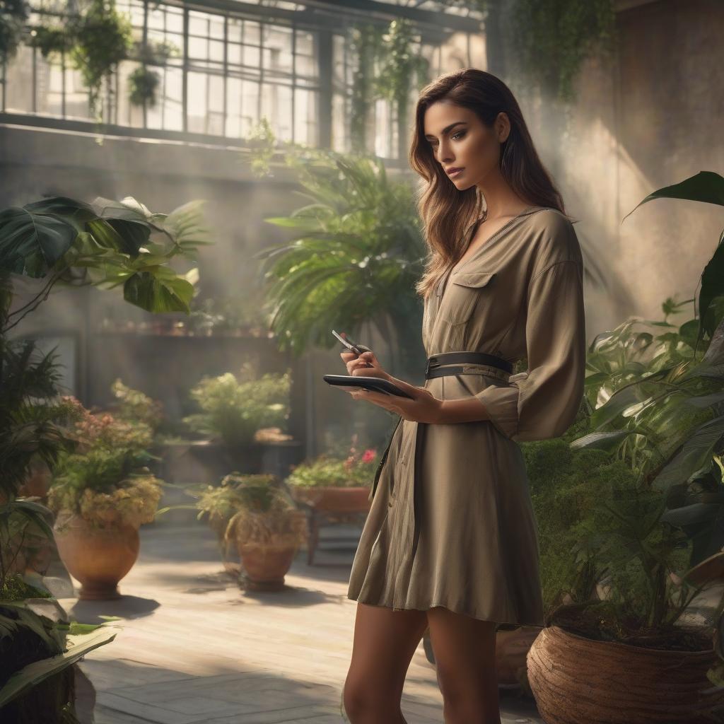  Brunette with a belt, minidress, tablet on her right hand and a stylus on her left hand, background with a minimal plant, semi realistic style, digital art, sketch, HDR, C4D, 8K HD hyperrealistic, full body, detailed clothing, highly detailed, cinematic lighting, stunningly beautiful, intricate, sharp focus, f/1. 8, 85mm, (centered image composition), (professionally color graded), ((bright soft diffused light)), volumetric fog, trending on instagram, trending on tumblr, HDR 4K, 8K