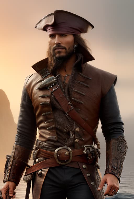redshift style fantasy character portrait of a young pirate Man, pirate hat, from head to hips, Stocky, sturdy,  green eyes, wearing only black and leather clothes and jacket, neutral expression, black shirt and leather stripes jacket,
at sea with ships, dark background, in the middle of the sea with a small moon above hyperrealistic, full body, detailed clothing, highly detailed, cinematic lighting, stunningly beautiful, intricate, sharp focus, f/1. 8, 85mm, (centered image composition), (professionally color graded), ((bright soft diffused light)), volumetric fog, trending on instagram, trending on tumblr, HDR 4K, 8K