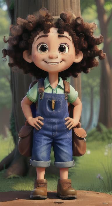  {The tree with a smiling face formed by its bark, looking down at Riley., Riley, a curious with big brown eyes and curly hair, wearing overalls and carrying a small backpack. Their friend, Skye, a bluebird with shiny feathers.