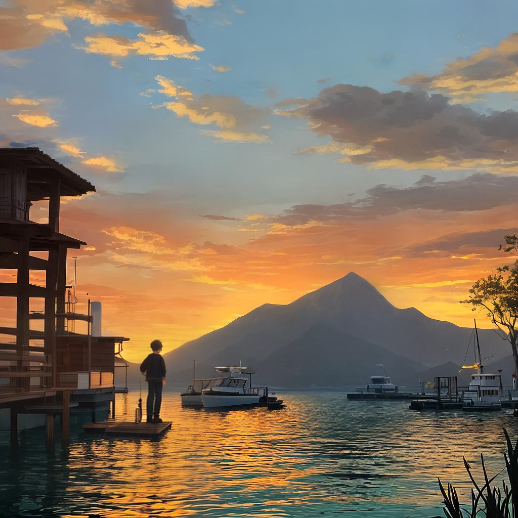  Masterpiece, best quality, a warm sign, a boy a wooden dock, his dangling on the water as he enjoys the sunset. The environment is a quiet lake surrounded by mountains and a few boats in the distance. The mood is sweet, evoking feelings of joy and longing. The style is minimalist, with simple shapes and clean lines to convey the essence of the scene. Can be achieved through vector graphics software, focusing on capturing boy poses and bright colors of sunsets.