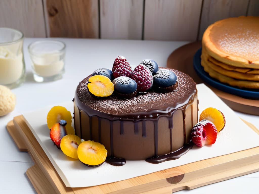  A photorealistic image of a beautifully plated array of glutenfree desserts made with teff flour, showcasing a decadent chocolate teff cake with glossy ganache, delicate teff flour macarons in pastel hues, and a stack of fluffy teff pancakes drizzled with golden syrup and topped with fresh berries. The desserts are elegantly arranged on a polished wooden table, surrounded by scattered teff grains and vibrant edible flowers for a visually stunning and appetizing composition. hyperrealistic, full body, detailed clothing, highly detailed, cinematic lighting, stunningly beautiful, intricate, sharp focus, f/1. 8, 85mm, (centered image composition), (professionally color graded), ((bright soft diffused light)), volumetric fog, trending on instagram, trending on tumblr, HDR 4K, 8K