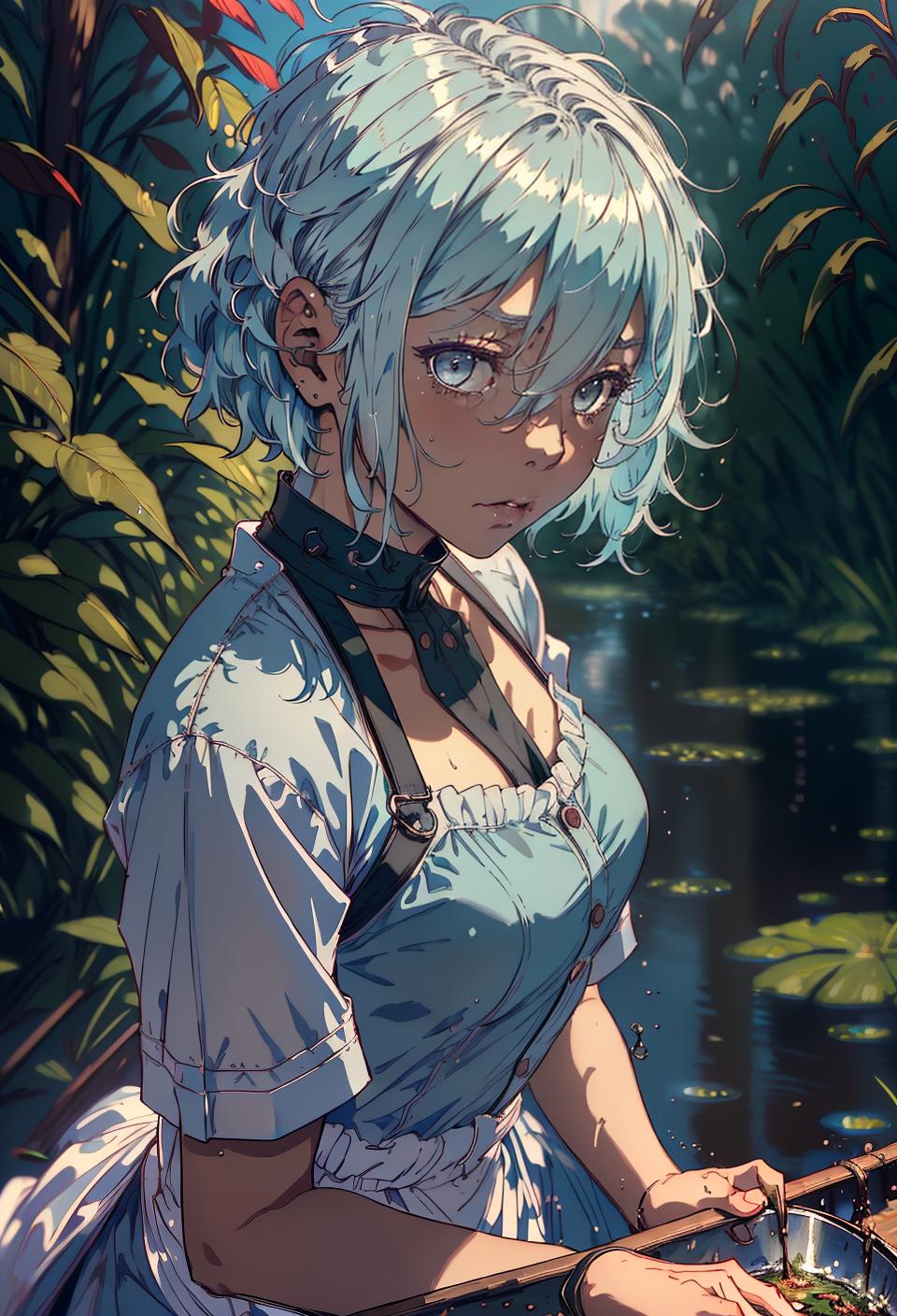  ((trending, highres, masterpiece, cinematic shot)), 1girl, mature, female cook, large, swamp marsh scene, short wavy light blue hair, shaved head, large grey eyes, naive personality, sleepy expression, very dark skin, lively, limber
