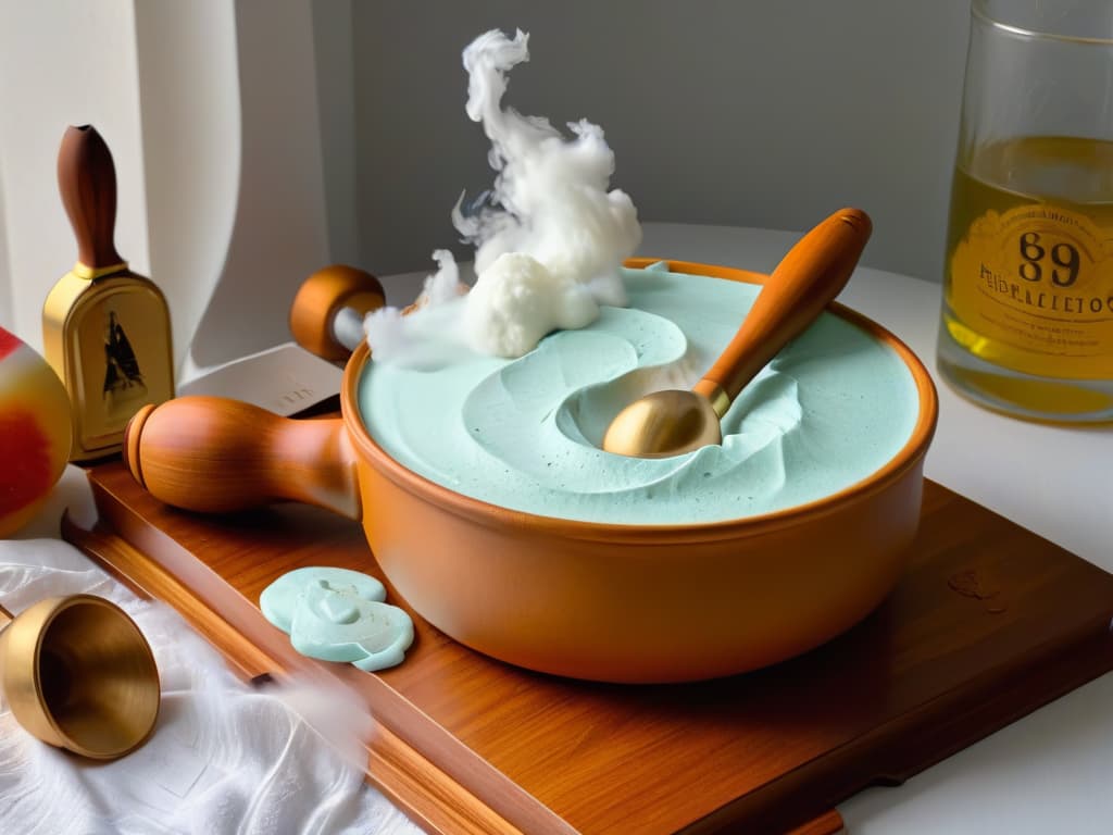  An ultradetailed illustration of a sleek, minimalistic kitchen counter adorned with an array of enchanting Harry Potterthemed baking utensils. The image showcases a wooden rolling pin with intricate wandlike carvings, a set of measuring spoons shaped like golden snitches, a cauldron mixing bowl emitting a soft magical glow, and a wandshaped whisk hovering midair as if enchanted. The background subtly features a swirling mist evoking a mystical ambiance, perfectly capturing the essence of magical baking. hyperrealistic, full body, detailed clothing, highly detailed, cinematic lighting, stunningly beautiful, intricate, sharp focus, f/1. 8, 85mm, (centered image composition), (professionally color graded), ((bright soft diffused light)), volumetric fog, trending on instagram, trending on tumblr, HDR 4K, 8K