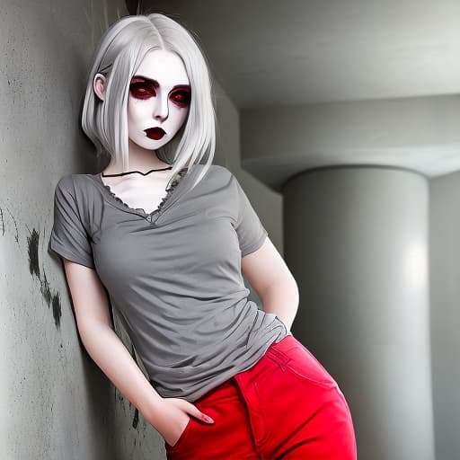  1girl, silver hair, green eyes, grey T-shirt, red saggy pants, Gothic makeup