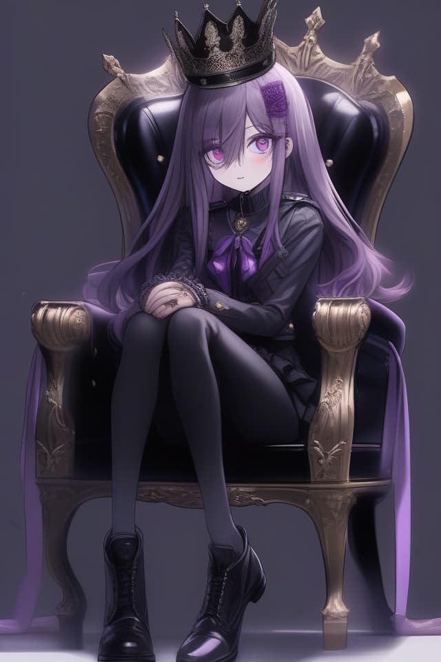  high quality,detailed,ultra detailed,hyper detailed,insanely detailed,highres,absurdres,schoolboy,man,king,lonely,expressionless,neutral,serious look,serious expression,sitting,looking at viewer,hair between eyes,straight hair,long hair,black hair,gradient hair,purple hair,purple eyes,odd eyes,green eyes,big eyes,heterochromia,fair skin,short,slim,frilled clothing,pants,military uniform,crown,purple background,black background,white background,gray background,with a king chair,dark atmosphere,gothic atmosphere,full body shot,from front,ground level shot