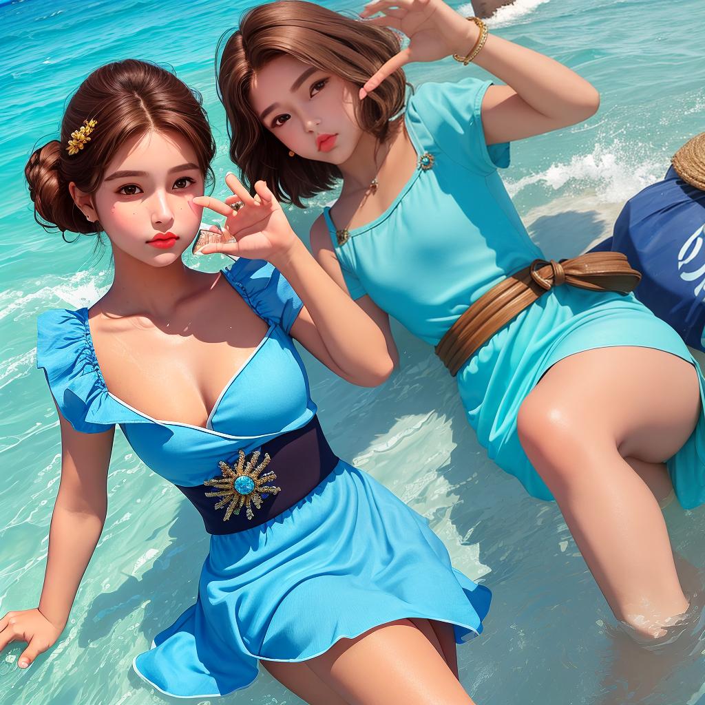  masterpiece, best quality, goddess,tan, female, small eyes, hazel eyes, big pout lips, short brown hair, big cheeks , ocean, summer, blue dress, mexican