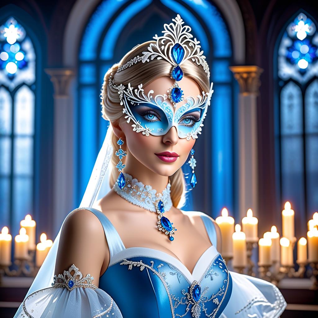  Renaissance style (Ballroom interior: Renaissance, Baroque style). (Floor and walls):decorated with snowy intricate pattern of blue, white, silver snowflakes. The windows have openwork curtains of hoarfrost. (Candleholders made of ice crystals). The candles are white and blue in colour. (Snow Queen) Dressed in a domino style dress of silver blue colour. There are snowflakes circling around her in pairs. (Half mask Columbine) A mask covering only part of the face. Mask decorations: with snowflake pattern, colour: white, blue, pearl and cream, jewels, Venetian lace, rhinestones, beads. . realistic, perspective, light and shadow, religious or mythological themes, highly detailed hyperrealistic, full body, detailed clothing, highly detailed, cinematic lighting, stunningly beautiful, intricate, sharp focus, f/1. 8, 85mm, (centered image composition), (professionally color graded), ((bright soft diffused light)), volumetric fog, trending on instagram, trending on tumblr, HDR 4K, 8K