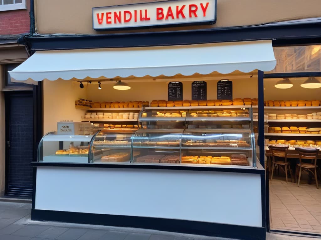  An elegantly designed minimalistic image featuring a sleek, modern bakery storefront with a large window showcasing a display of themed merchandise such as branded aprons, mugs, and tote bags. The storefront is adorned with subtle but eyecatching signage promoting the bakery's themed merchandising line, set against a clean, uncluttered background to emphasize the simplicity and sophistication of the marketing strategy. hyperrealistic, full body, detailed clothing, highly detailed, cinematic lighting, stunningly beautiful, intricate, sharp focus, f/1. 8, 85mm, (centered image composition), (professionally color graded), ((bright soft diffused light)), volumetric fog, trending on instagram, trending on tumblr, HDR 4K, 8K