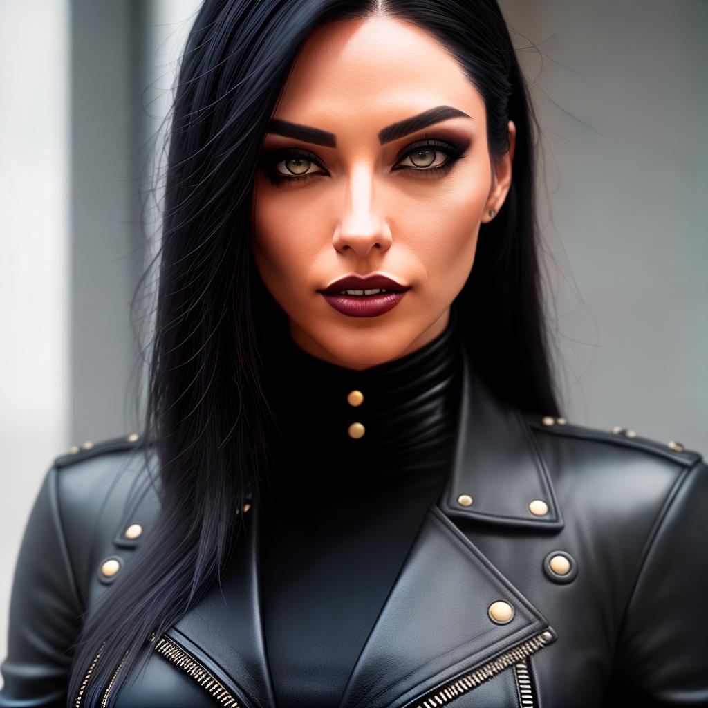  A girl with long black hair, gothic, wearing a black short leather jacket and leather jeans. She has black shadows on her eyes and long arrows. She has big and is very. The guys who are next to her look at her hyperrealistic, full body, detailed clothing, highly detailed, cinematic lighting, stunningly beautiful, intricate, sharp focus, f/1. 8, 85mm, (centered image composition), (professionally color graded), ((bright soft diffused light)), volumetric fog, trending on instagram, trending on tumblr, HDR 4K, 8K