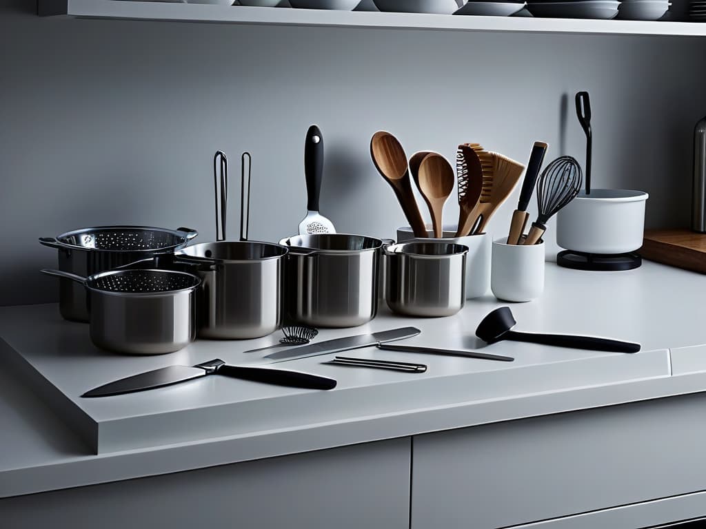  An ultradetailed, highresolution image of a sleek, modern kitchen countertop adorned with an array of topoftheline baking utensils meticulously organized. From premium silicone spatulas to precision measuring cups and elegant piping bags, each tool gleams under the soft, ambient lighting, showcasing a perfect blend of form and function. The composition is a study in minimalism, with a monochromatic color scheme of whites and silvers accentuated by subtle reflections and shadows, inviting the viewer to appreciate the beauty and precision of highquality baking equipment. hyperrealistic, full body, detailed clothing, highly detailed, cinematic lighting, stunningly beautiful, intricate, sharp focus, f/1. 8, 85mm, (centered image composition), (professionally color graded), ((bright soft diffused light)), volumetric fog, trending on instagram, trending on tumblr, HDR 4K, 8K