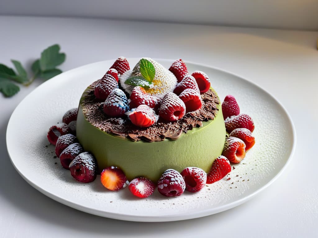  A closeup, ultradetailed image of a decadent chocolate avocado mousse topped with vibrant raspberries and a sprinkle of chia seeds on a sleek, modern white plate. The rich, creamy texture of the mousse contrasts beautifully with the fresh, colorful berries, creating a visually striking and appetizing dessert that embodies the fusion of superfoods and indulgence. The lighting is soft and natural, highlighting the glossy sheen of the mousse and the plump juiciness of the raspberries, making this image a mouthwatering centerpiece for the article on superfood desserts. hyperrealistic, full body, detailed clothing, highly detailed, cinematic lighting, stunningly beautiful, intricate, sharp focus, f/1. 8, 85mm, (centered image composition), (professionally color graded), ((bright soft diffused light)), volumetric fog, trending on instagram, trending on tumblr, HDR 4K, 8K