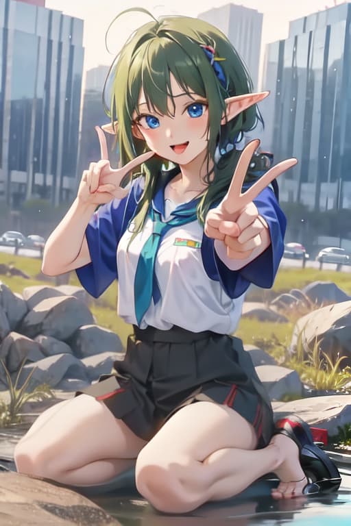  Elf sitting on ground with open legs looks at viewer wearing only a , soaked in from head to toe, expression exitment open mouth with tongue out and making towe peace sign