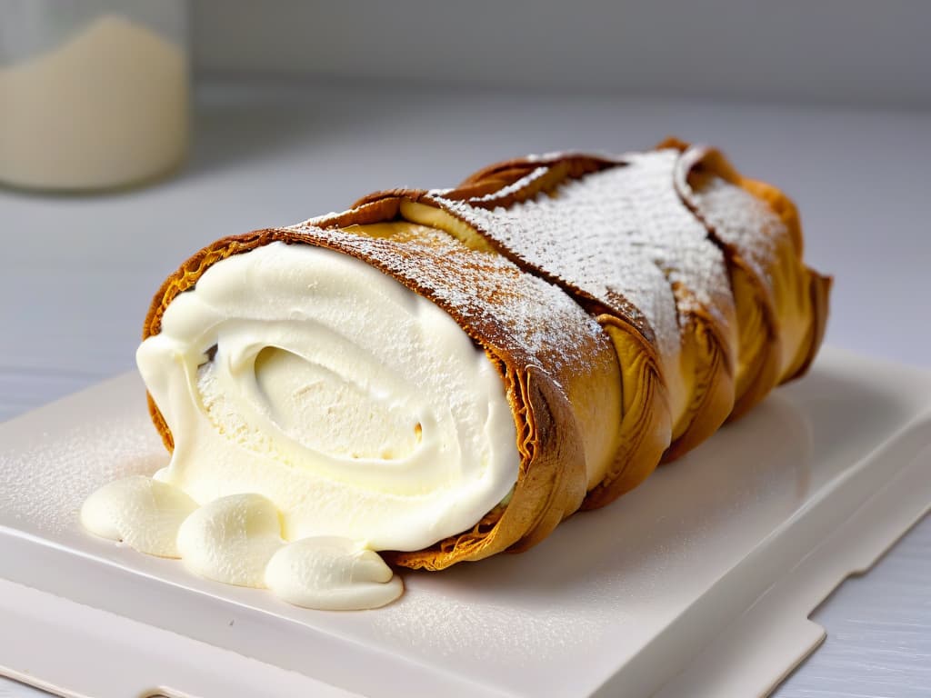  A closeup, ultradetailed image of a freshly piped cannoli shell being delicately filled with a creamy, ricottabased filling. The focus is on the intricate details of the flaky shell and the smooth, velvety texture of the filling as it is being gently piped in, showcasing the precision and artistry involved in creating the perfect cannoli Siciliano. hyperrealistic, full body, detailed clothing, highly detailed, cinematic lighting, stunningly beautiful, intricate, sharp focus, f/1. 8, 85mm, (centered image composition), (professionally color graded), ((bright soft diffused light)), volumetric fog, trending on instagram, trending on tumblr, HDR 4K, 8K