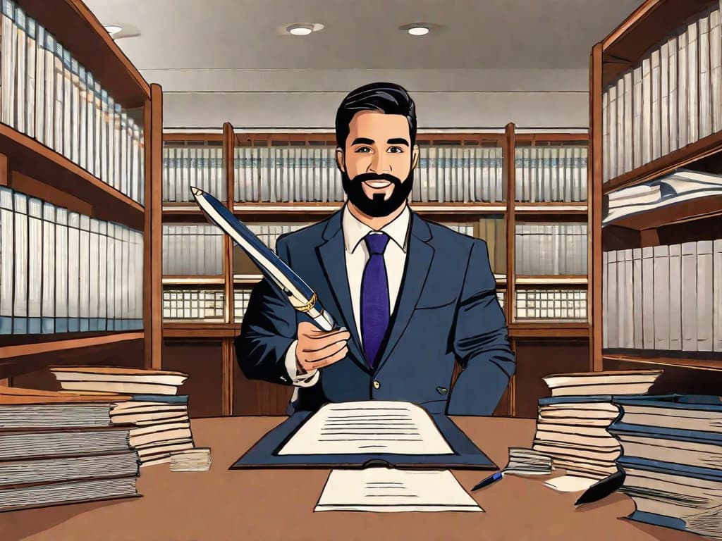  An image of a confident professional lawyer, Diego Castro, standing in a well-lit office, surrounded by shelves of legal books. He's holding a contract, pointing to a specific clause with a silver pen, ready to provide expert advice on contractual law matters., ilustration, ultra-detailed, 4k