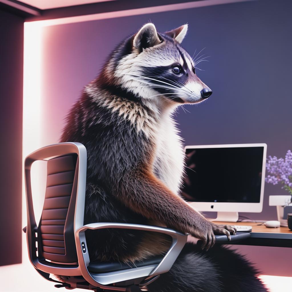  raccoon sitting in gaming chair front a computer on desktop, ((semi anthropomorphic)),(full body), tail, belly, sitting, fat, (chubby), (((white background))), solo, desktop, gaming chair, side view,  [[[clothes]]] hyperrealistic, full body, detailed clothing, highly detailed, cinematic lighting, stunningly beautiful, intricate, sharp focus, f/1. 8, 85mm, (centered image composition), (professionally color graded), ((bright soft diffused light)), volumetric fog, trending on instagram, trending on tumblr, HDR 4K, 8K