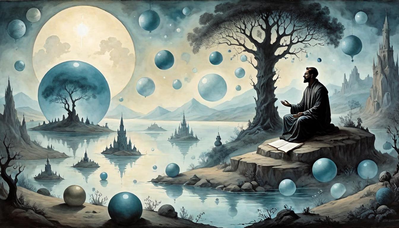  on parchment, surrealism+++, Silhouetted figure in meditation, floating spheres of light, serene landscape, clear intention, harmony(mysterious, provocative, symbolic,muted color)+++