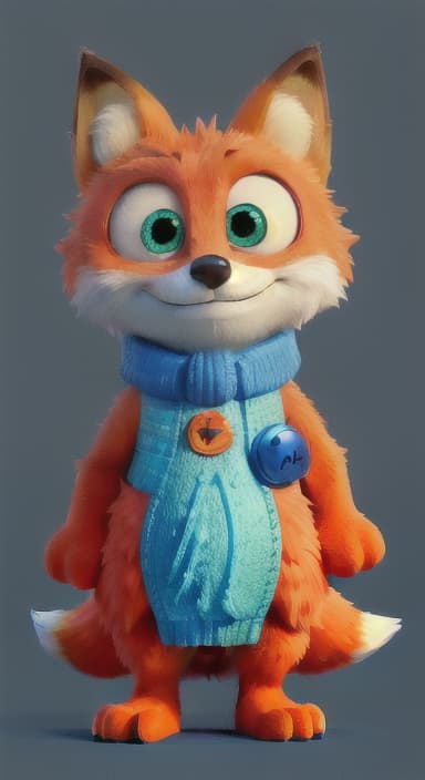  {Error the fox pressing the blue button with his paw, looking puzzled as nothing occurs., Error is a small, bright orange fox with a fluffy tail and big, inquisitive eyes. He has a mischievous yet kind expression and wears a tiny green scarf.