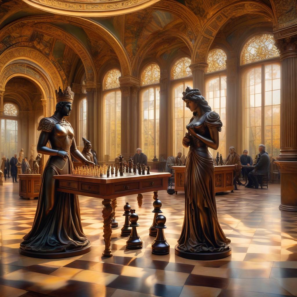  Oil painting. Surreal digital image. Distant background. Panoramic view. Two bronze statues playing chess. Background: sculpture hall in a museum. Surrealist abstractionism.Sabbas Aptheros, Alfonso Mucha, Karol Bak, Gustav Klimt. High detail. High quality. HDR hyperrealistic, full body, detailed clothing, highly detailed, cinematic lighting, stunningly beautiful, intricate, sharp focus, f/1. 8, 85mm, (centered image composition), (professionally color graded), ((bright soft diffused light)), volumetric fog, trending on instagram, trending on tumblr, HDR 4K, 8K