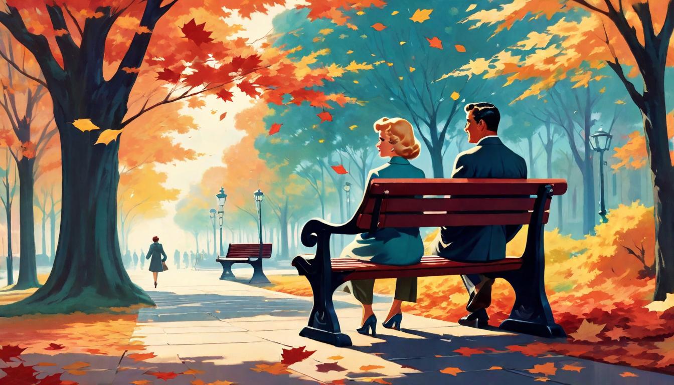  retro futuristic A gentle breeze carrying autumn leaves across a quiet park bench, symbolizing the quiet power of the wounded healer, scene peaceful and evocative, leaves swirling in patterns of gentleness and empathy, atmosphere introspective and impactful. lvintage sci fi, 50s and 60s style, atomic age, vibrant, highly detailed