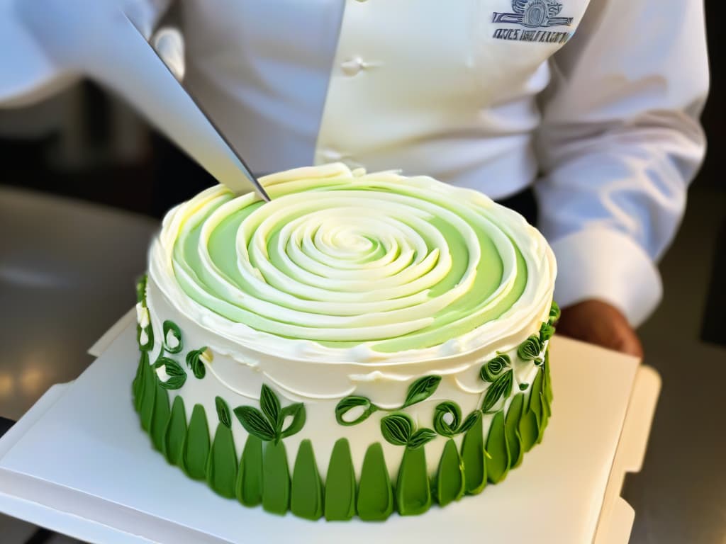  An ultradetailed closeup image of a pastry chef meticulously piping delicate swirls of frosting onto a perfectly crafted cake. The chef's hands are steady and precise, showcasing expertise and skill in creating intricate designs. The focus is on the fine details of the frosting, highlighting the artistry and precision required in pastry decoration. The color palette is soft and elegant, emphasizing the beauty and sophistication of the culinary craft. hyperrealistic, full body, detailed clothing, highly detailed, cinematic lighting, stunningly beautiful, intricate, sharp focus, f/1. 8, 85mm, (centered image composition), (professionally color graded), ((bright soft diffused light)), volumetric fog, trending on instagram, trending on tumblr, HDR 4K, 8K